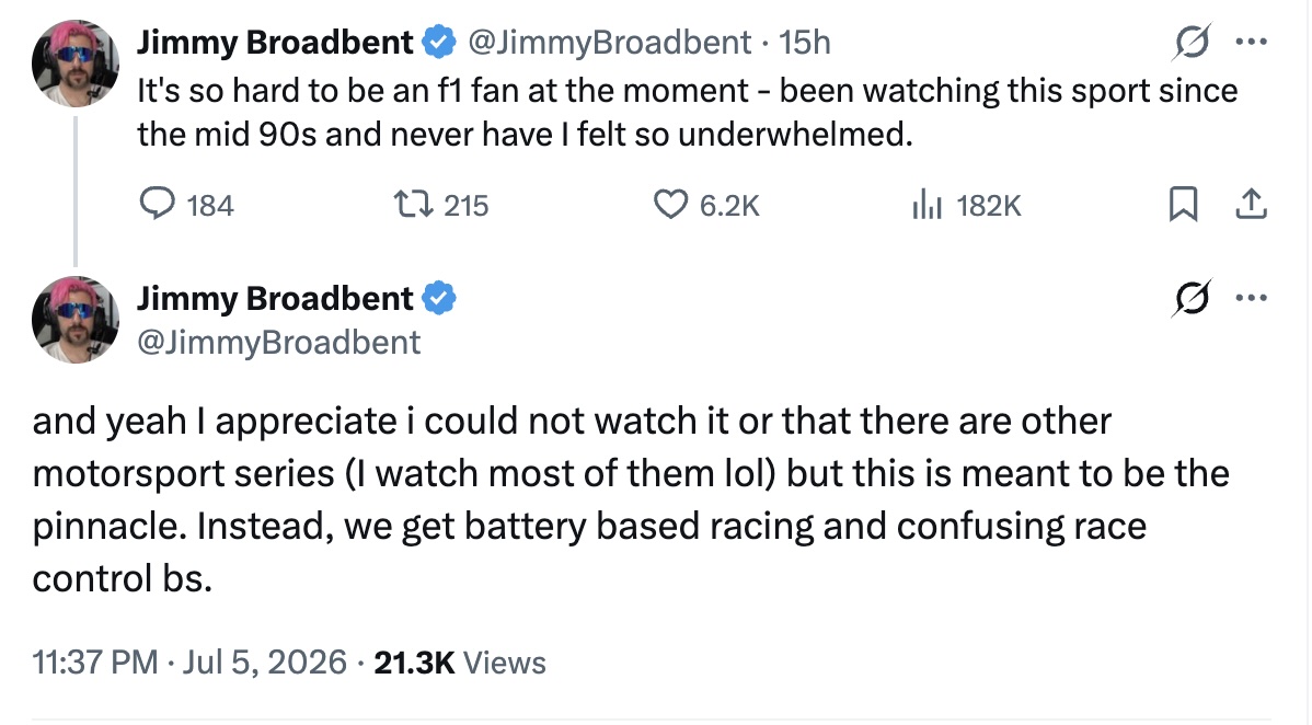 Jimmy Broadbent tweets from July 2026 saying it's hard to be an F1 fan, with battery based racing and confusing race control
